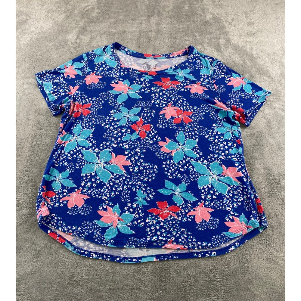 Palm Grove Womens PXL Blue Floral Short Sleeve Crew Neck Curved Hem Top Shirt